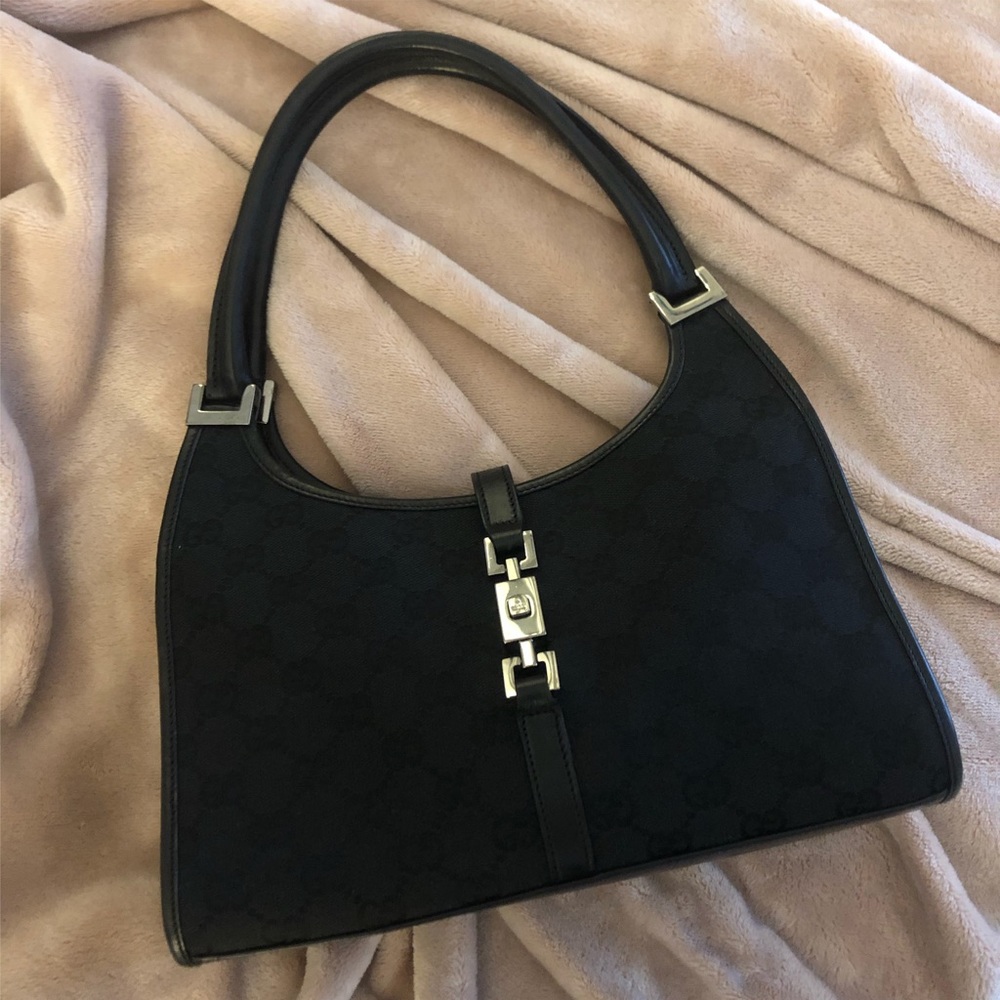 Gucci black monogram bardot shoulder bag